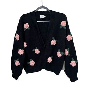 Luna Ivy Black Cardigan Sweater Applique  3D Flowers S